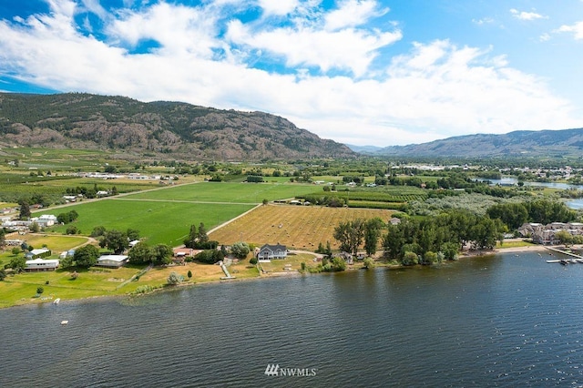 birds eye view of property with a water and mountain view