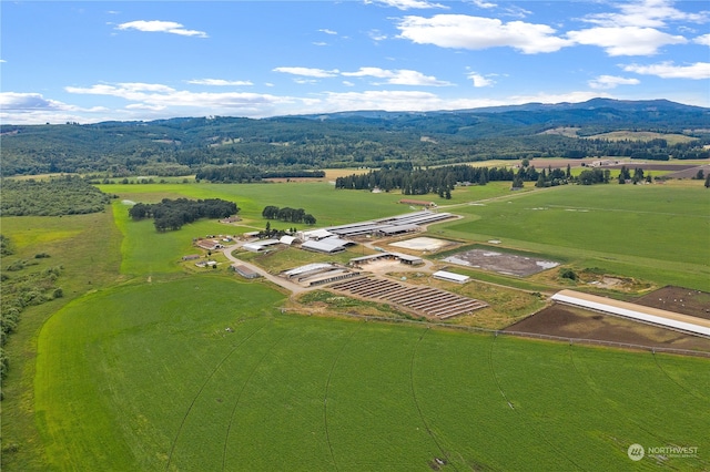 birds eye view of property featuring a mountain view and a rural view