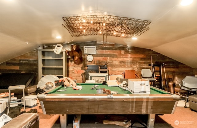 game room with billiards, lofted ceiling, carpet floors, and a wall mounted air conditioner