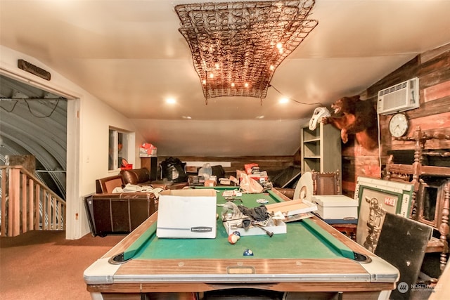 playroom with a wall mounted AC, carpet flooring, vaulted ceiling, and pool table