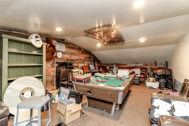 rec room featuring a wall unit AC, light carpet, pool table, and vaulted ceiling