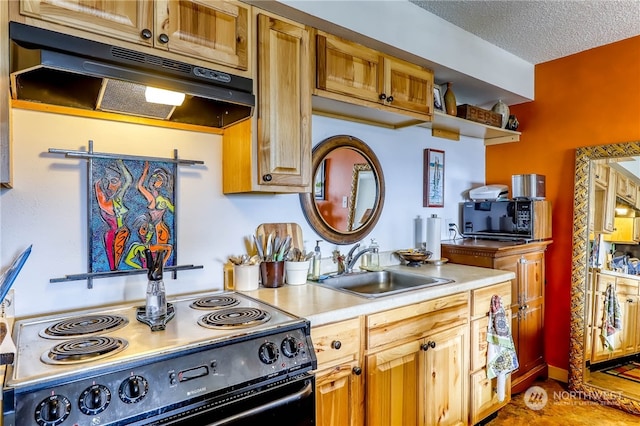 kitchen featuring a textured ceiling, black appliances, and sink