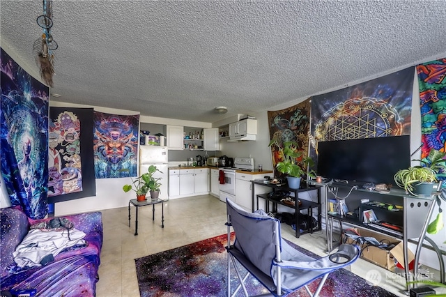 living room featuring a textured ceiling