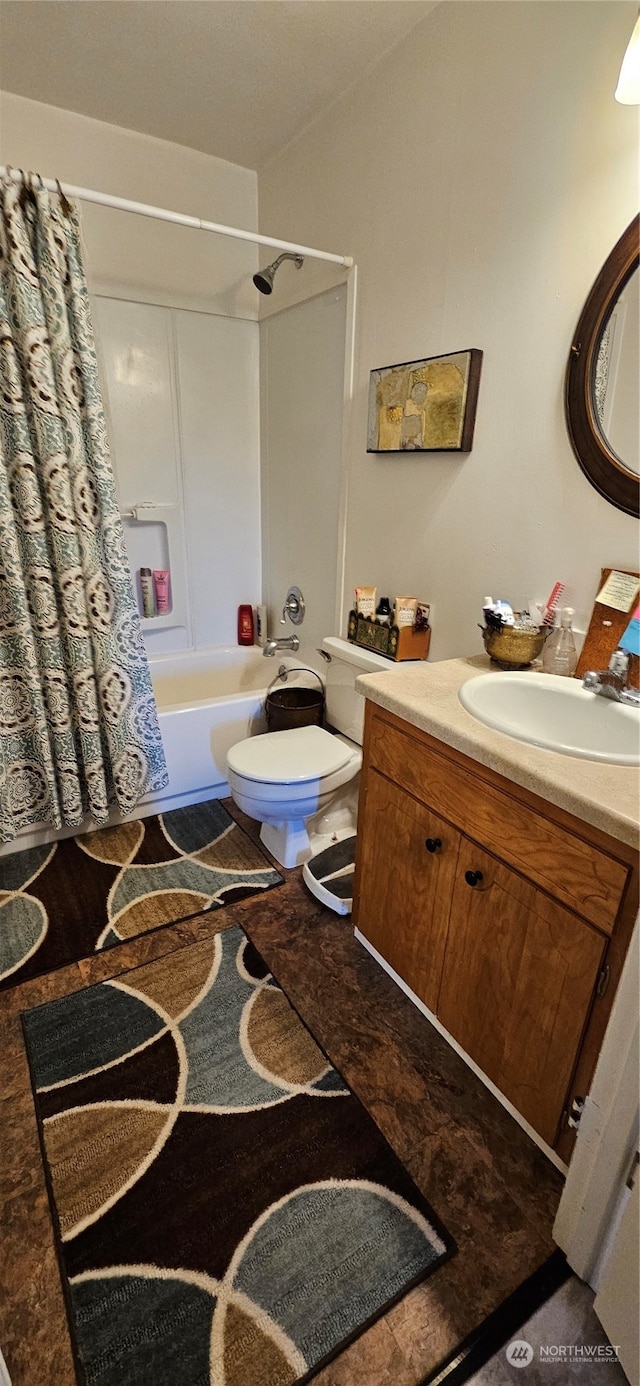 full bathroom with vanity, toilet, and shower / bathtub combination with curtain