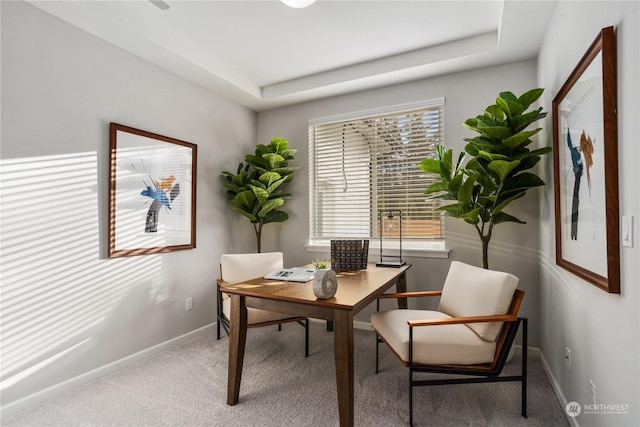 carpeted home office featuring a tray ceiling