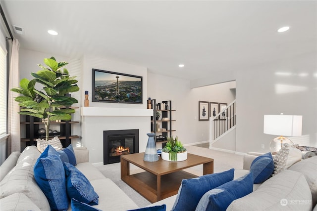 living room featuring light colored carpet