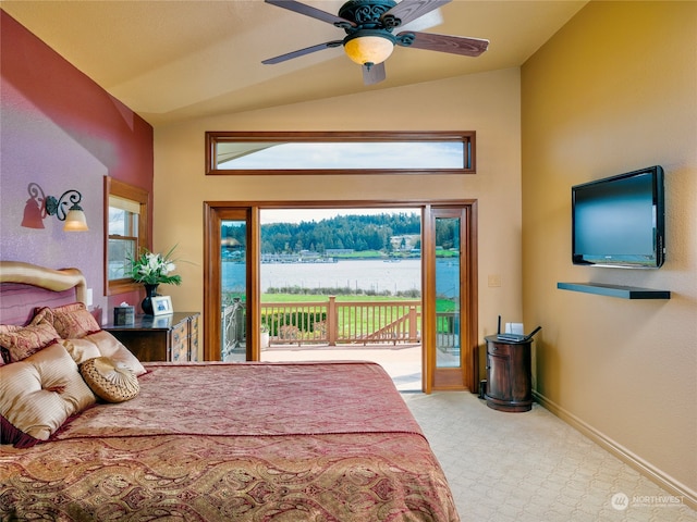 bedroom with light colored carpet, vaulted ceiling, ceiling fan, a water view, and access to outside