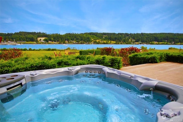 view of swimming pool with an outdoor hot tub