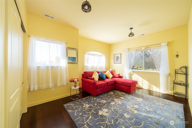 sitting room featuring dark hardwood / wood-style flooring and a wealth of natural light