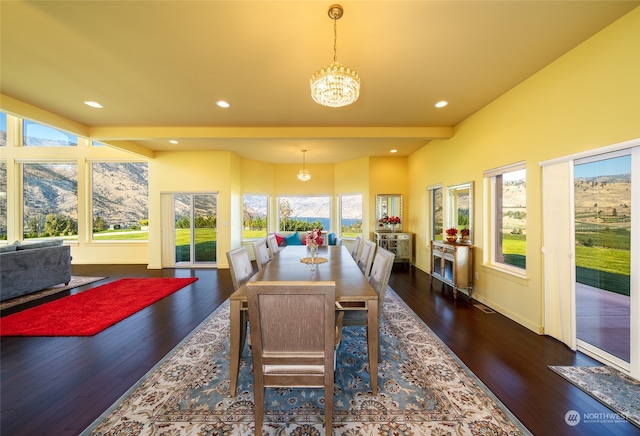 dining area with a notable chandelier, dark hardwood / wood-style floors, and a healthy amount of sunlight