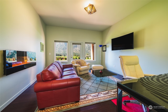 living room with dark wood-type flooring