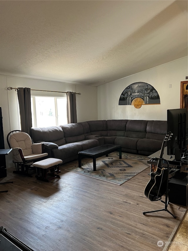 living room with hardwood / wood-style flooring and a textured ceiling