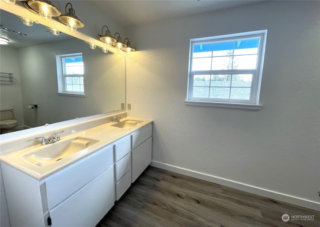 653 Sunset Ave NE, Ocean Shores, WA 98569 - bathroom with dual vanity, toilet, and hardwood / wood-style flooring