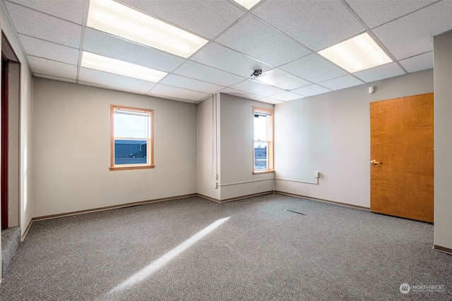 unfurnished room featuring a drop ceiling and carpet