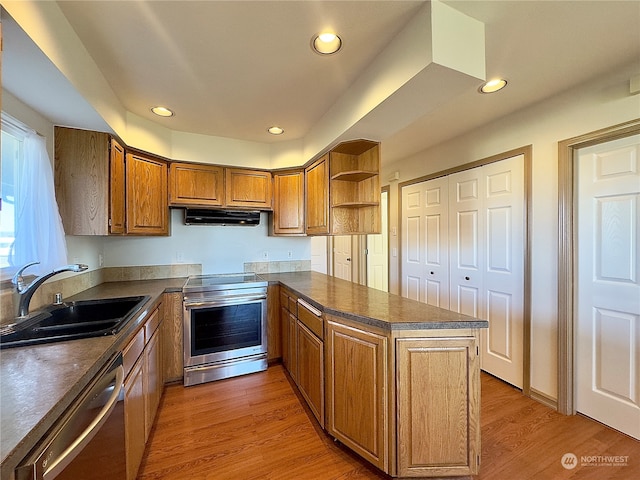 kitchen featuring appliances with stainless steel finishes, sink, ventilation hood, and hardwood / wood-style floors