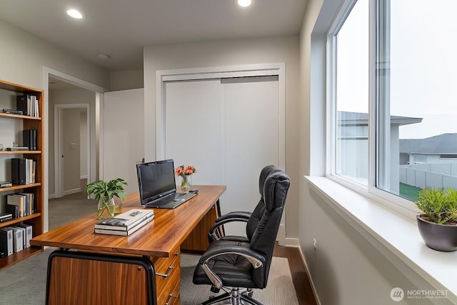 home office with baseboards, dark wood-type flooring, and recessed lighting