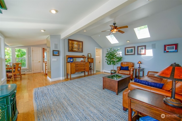 living area featuring vaulted ceiling with skylight, ceiling fan, recessed lighting, light wood-style flooring, and a baseboard heating unit