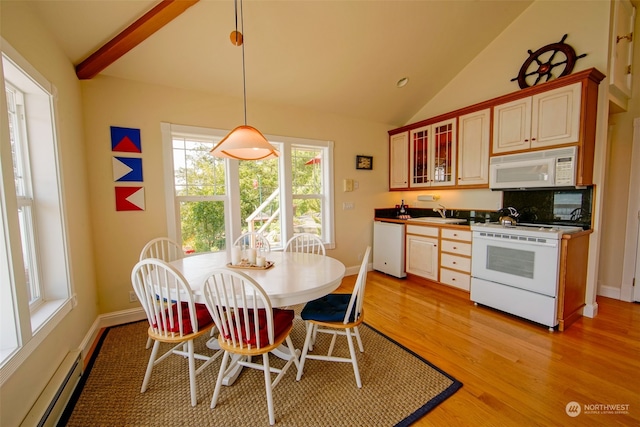 dining space featuring light wood-style flooring, a baseboard heating unit, lofted ceiling with beams, and baseboards
