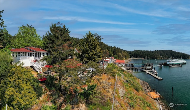 exterior space with a water view and a wooded view