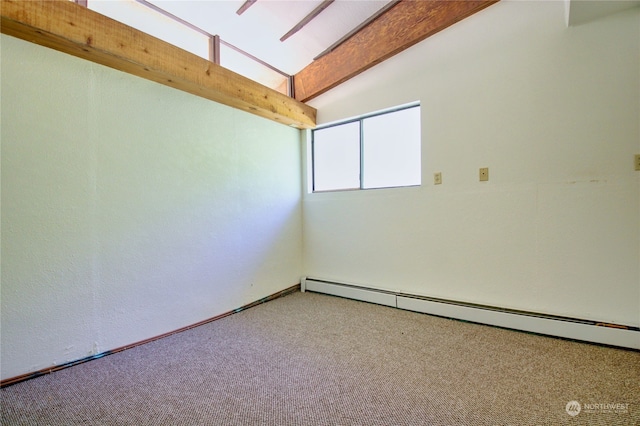 spare room featuring a baseboard heating unit, vaulted ceiling with beams, and carpet