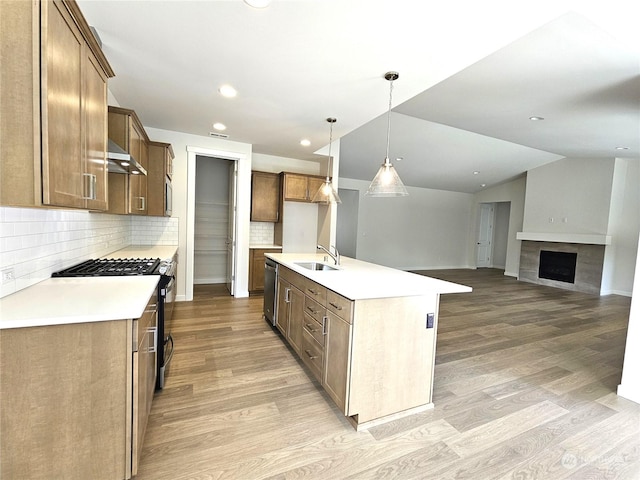 kitchen with decorative backsplash, appliances with stainless steel finishes, light wood-type flooring, sink, and a center island with sink