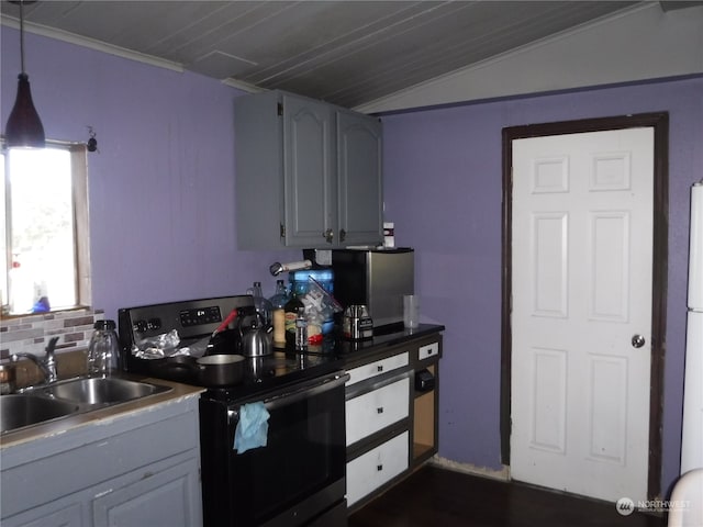 kitchen with range with electric stovetop, gray cabinets, pendant lighting, lofted ceiling, and sink