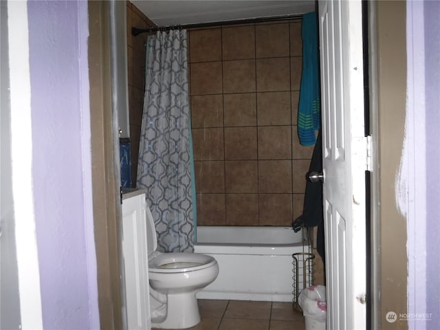 full bathroom featuring vanity, shower / bath combination with curtain, tile flooring, and toilet