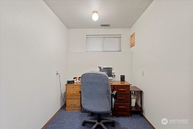 home office with dark colored carpet