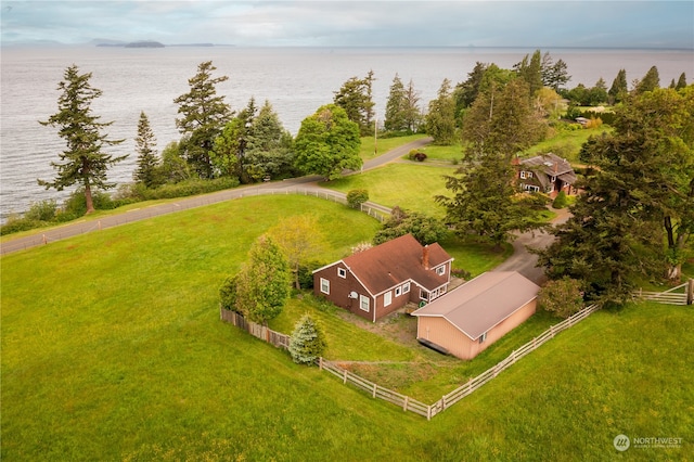 drone / aerial view with a water view