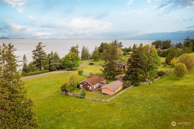 aerial view featuring a water view