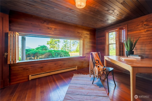 office space with a baseboard heating unit, a healthy amount of sunlight, and wooden ceiling