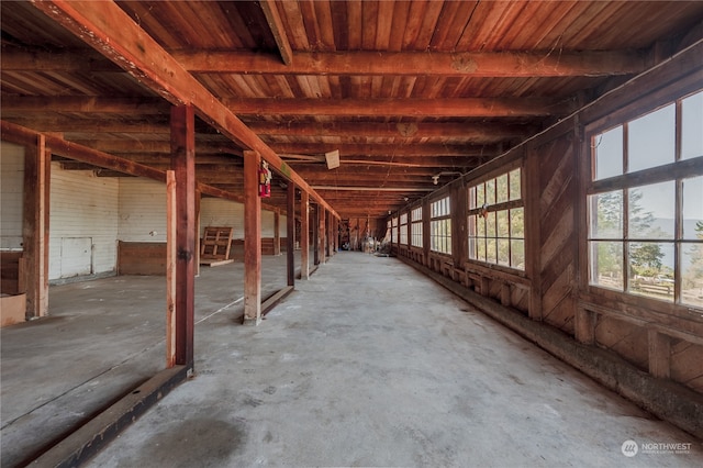 misc room featuring concrete flooring and wood ceiling