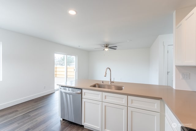 kitchen with ceiling fan, sink, white cabinetry, and dishwasher