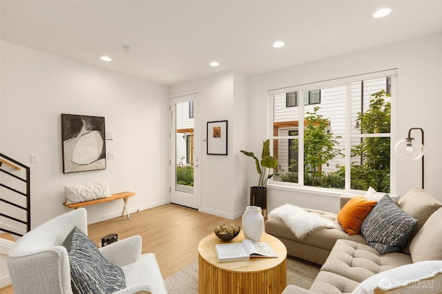 8326C SB-3 13th Ave NW, Seattle, WA 98117 - living room with recessed lighting, plenty of natural light, light wood-style floors, baseboards, and stairway
