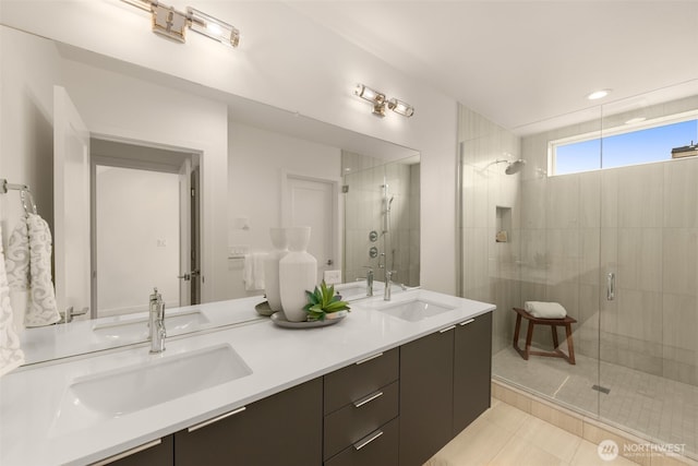 8326C SB-3 13th Ave NW, Seattle, WA 98117 - bathroom featuring tiled shower, double vanity, and tile patterned floors