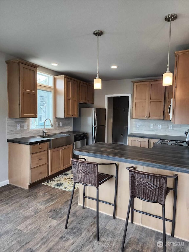 kitchen featuring stainless steel appliances, dark countertops, a sink, and wood finished floors