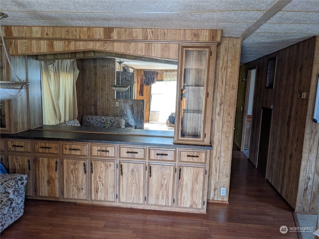 kitchen with wood walls and dark wood-type flooring