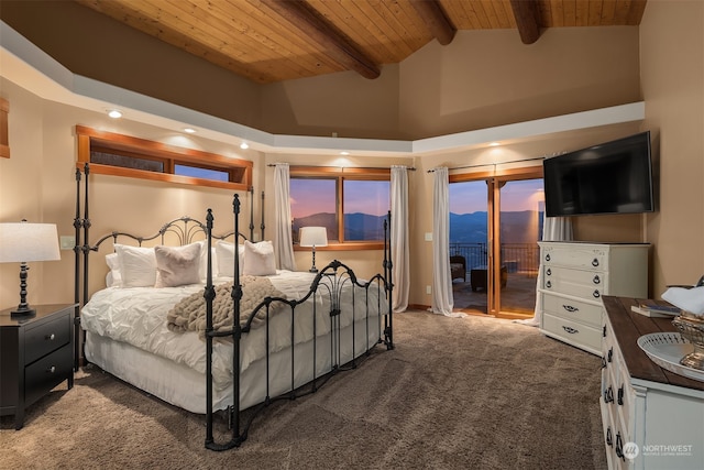 carpeted bedroom with access to exterior, a high ceiling, beamed ceiling, and wood ceiling