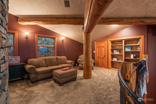 living room featuring lofted ceiling with beams and dark carpet