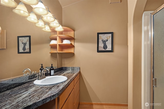 bathroom featuring hardwood / wood-style floors and vanity with extensive cabinet space