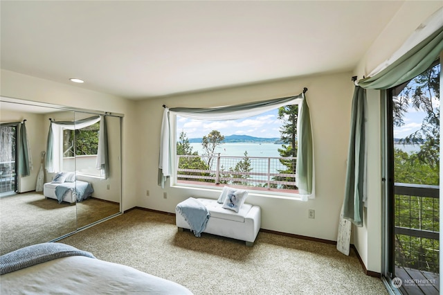 carpeted bedroom featuring a water view