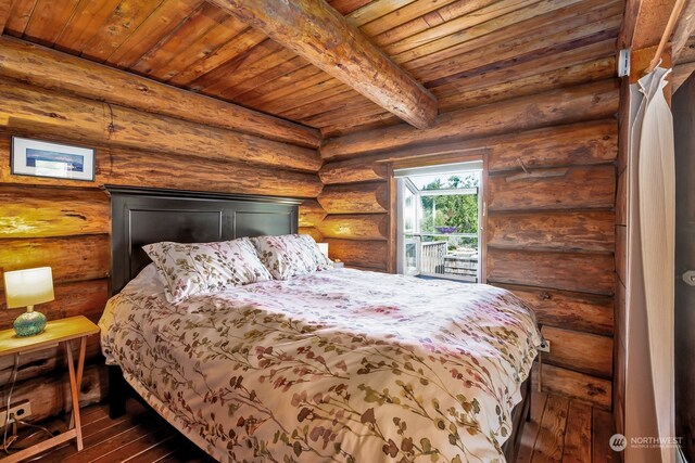 bedroom with log walls, wooden ceiling, dark hardwood / wood-style floors, and beamed ceiling