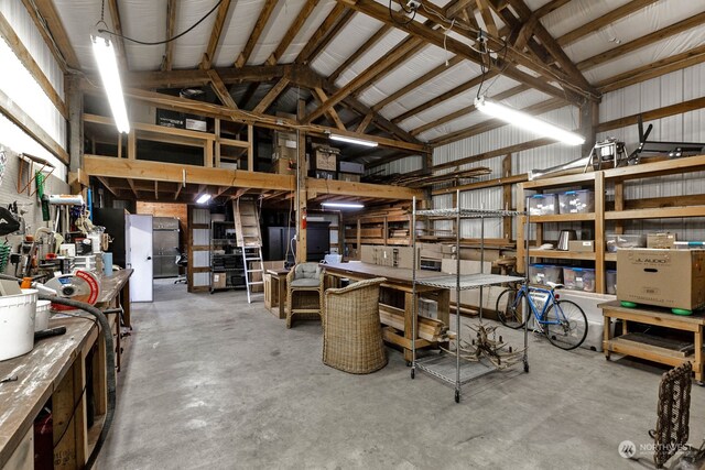 garage with a workshop area