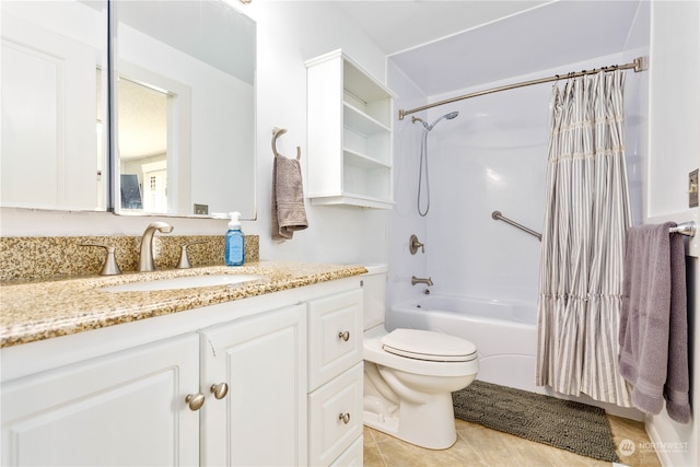 full bathroom featuring tile floors, shower / bath combination with curtain, toilet, and vanity