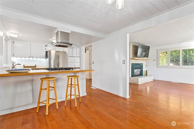 kitchen with light wood-type flooring, a fireplace, appliances with stainless steel finishes, and white cabinetry