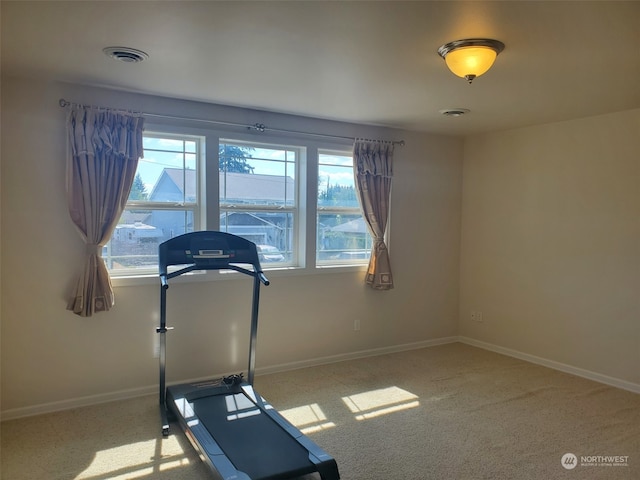 workout room featuring light colored carpet