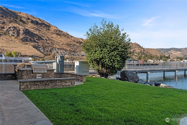 view of yard with a water and mountain view