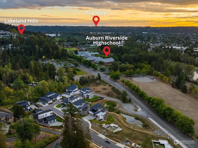 view of aerial view at dusk