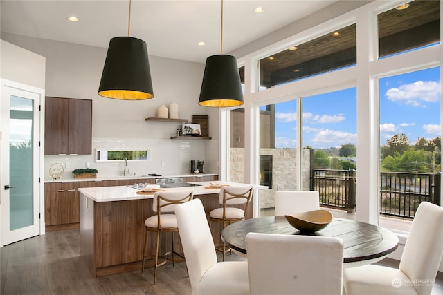 dining room with a stone fireplace and dark wood-type flooring