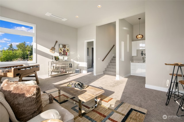 living room with sink and dark colored carpet